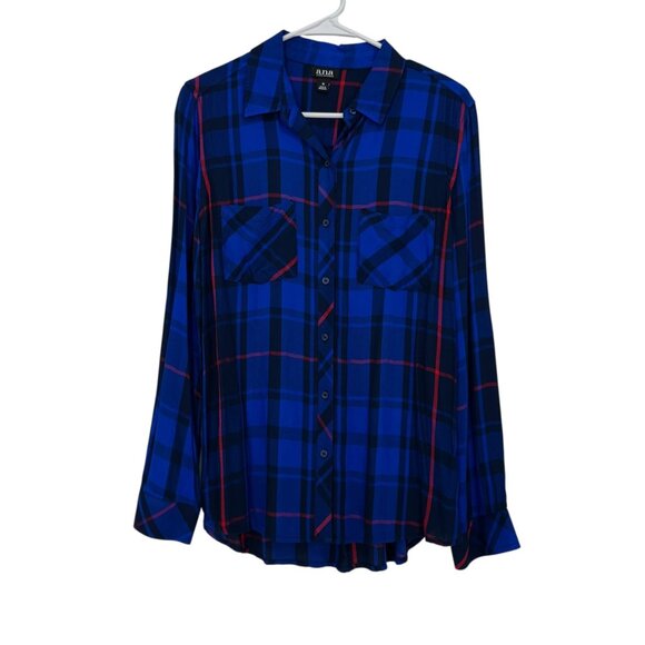 A.N.A Womens Button-Up Plaid Shirt Size M Blue & Red 100% Rayon - Picture 7 of 12